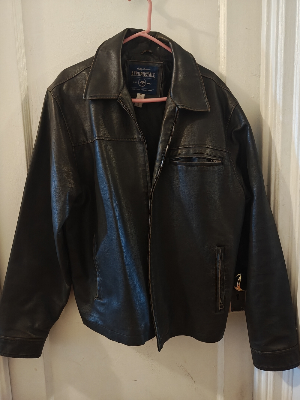 Aeropostale Men's Black Faux Leather Bomber Jacket